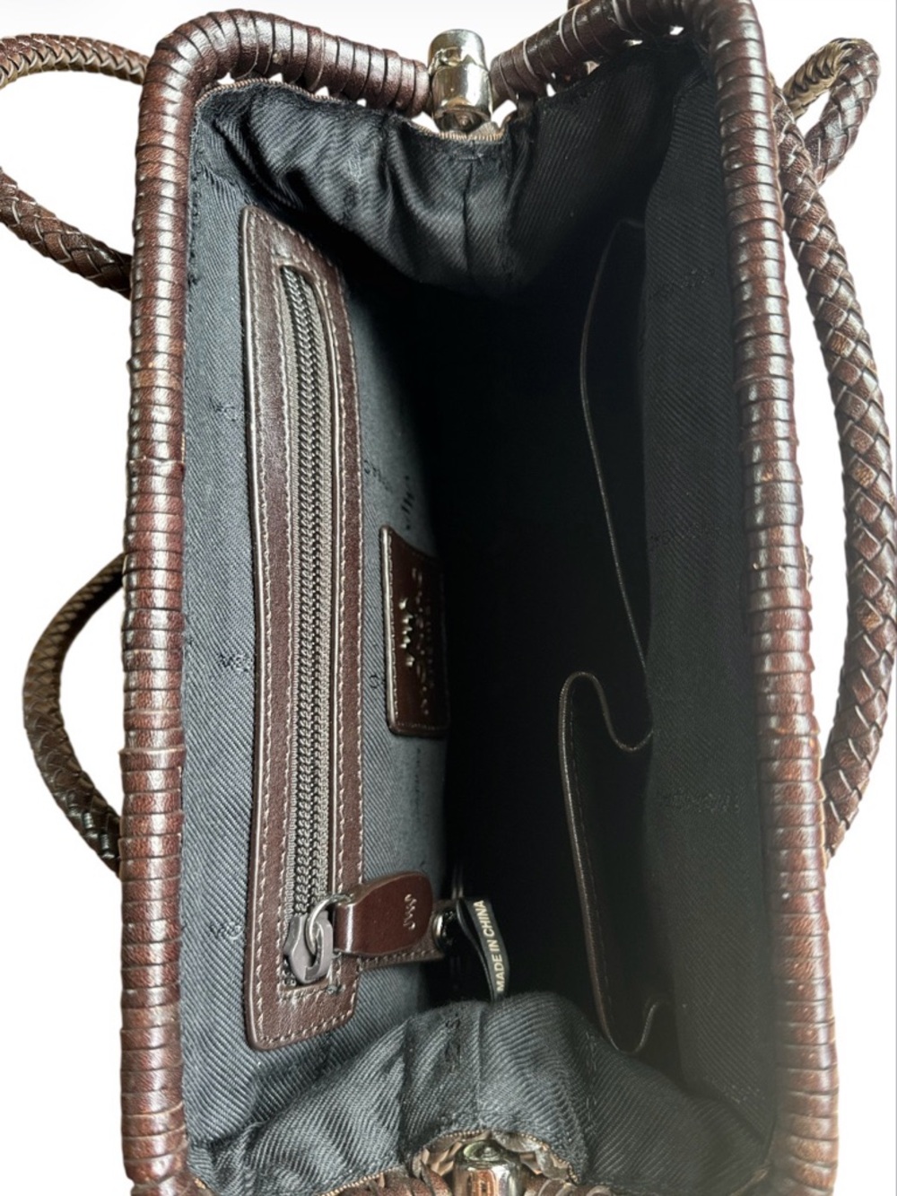 MONSAC Italian Luxury Woven Leather Top-Handle Shoulder Tote Bag Brown Y2K 11x8 - Picture 9 of 11